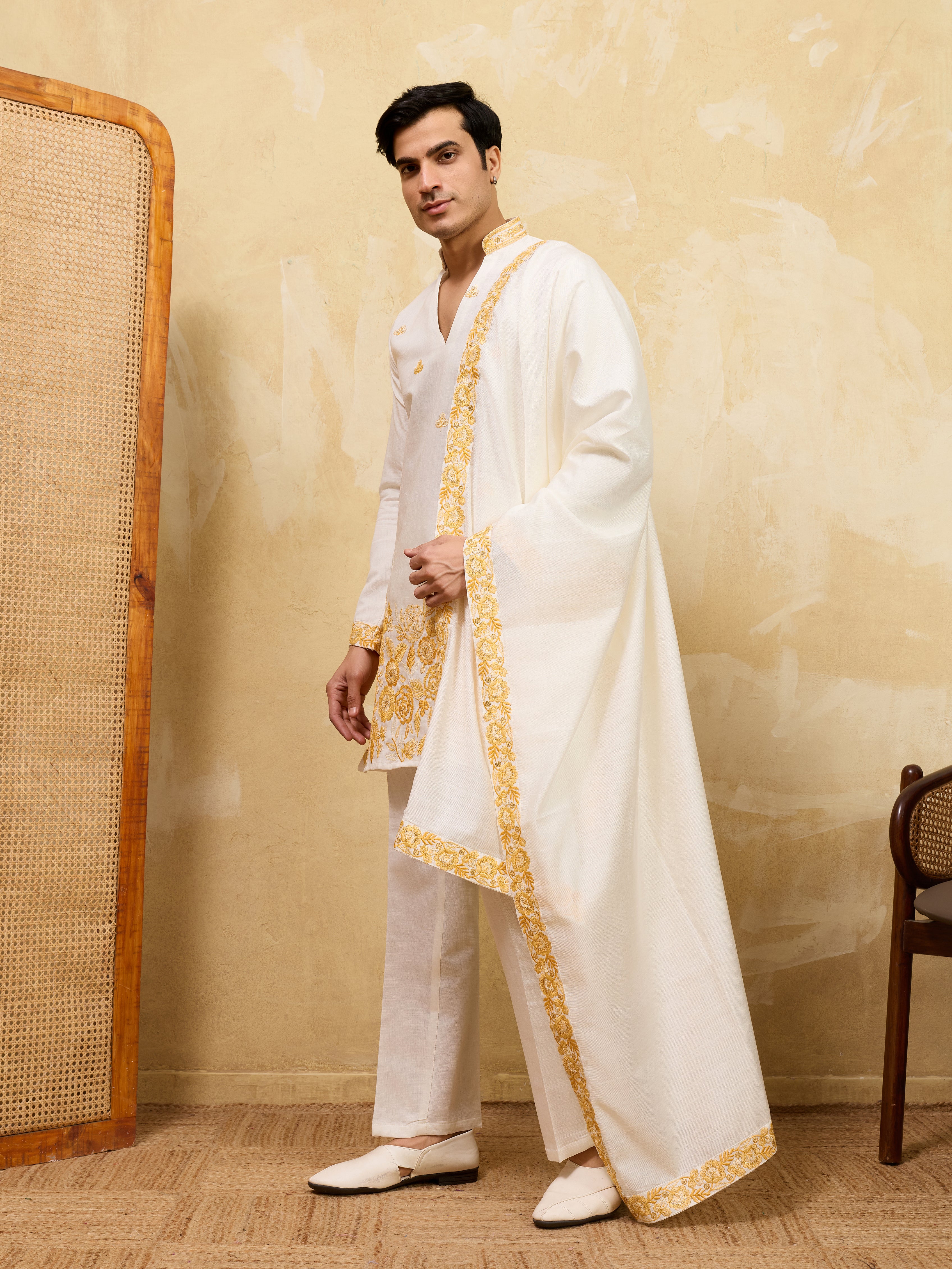 White Viscose Silk Kurta Dupatta Set With Yellow Embroidery Work
