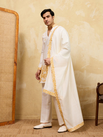 White Viscose Silk Kurta Dupatta Set With Yellow Embroidery Work
