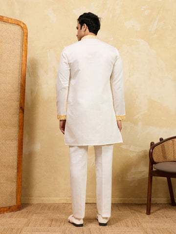 White Viscose Silk Kurta Dupatta Set With Yellow Embroidery Work
