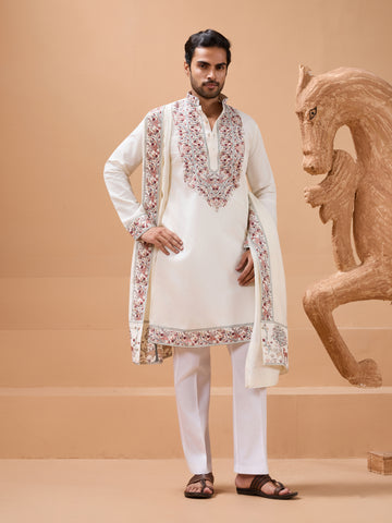 Vibrant Look White Kurta Dupatta Set for Mens Wear