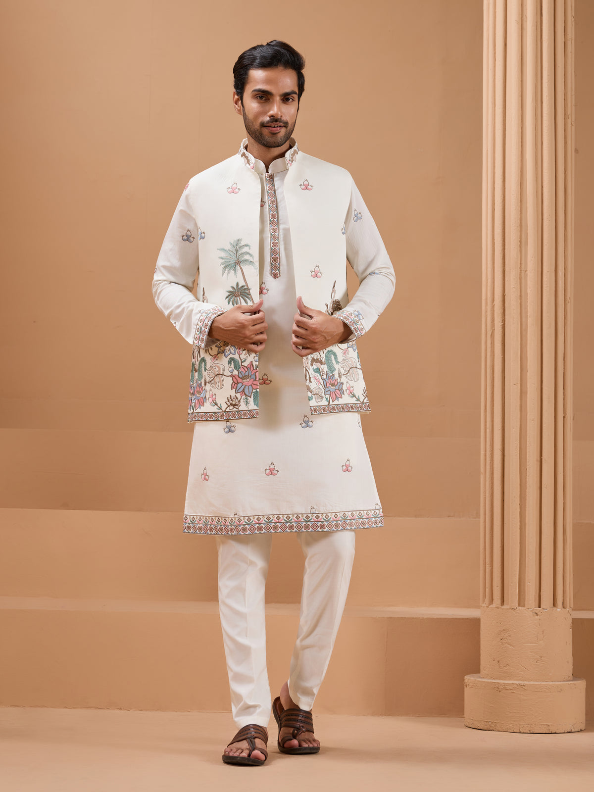 White Color Embroidered and Sequence Mens Kurta Jacket and Pant Set