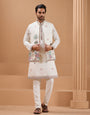 White Color Embroidered and Sequence Mens Kurta Jacket and Pant Set
