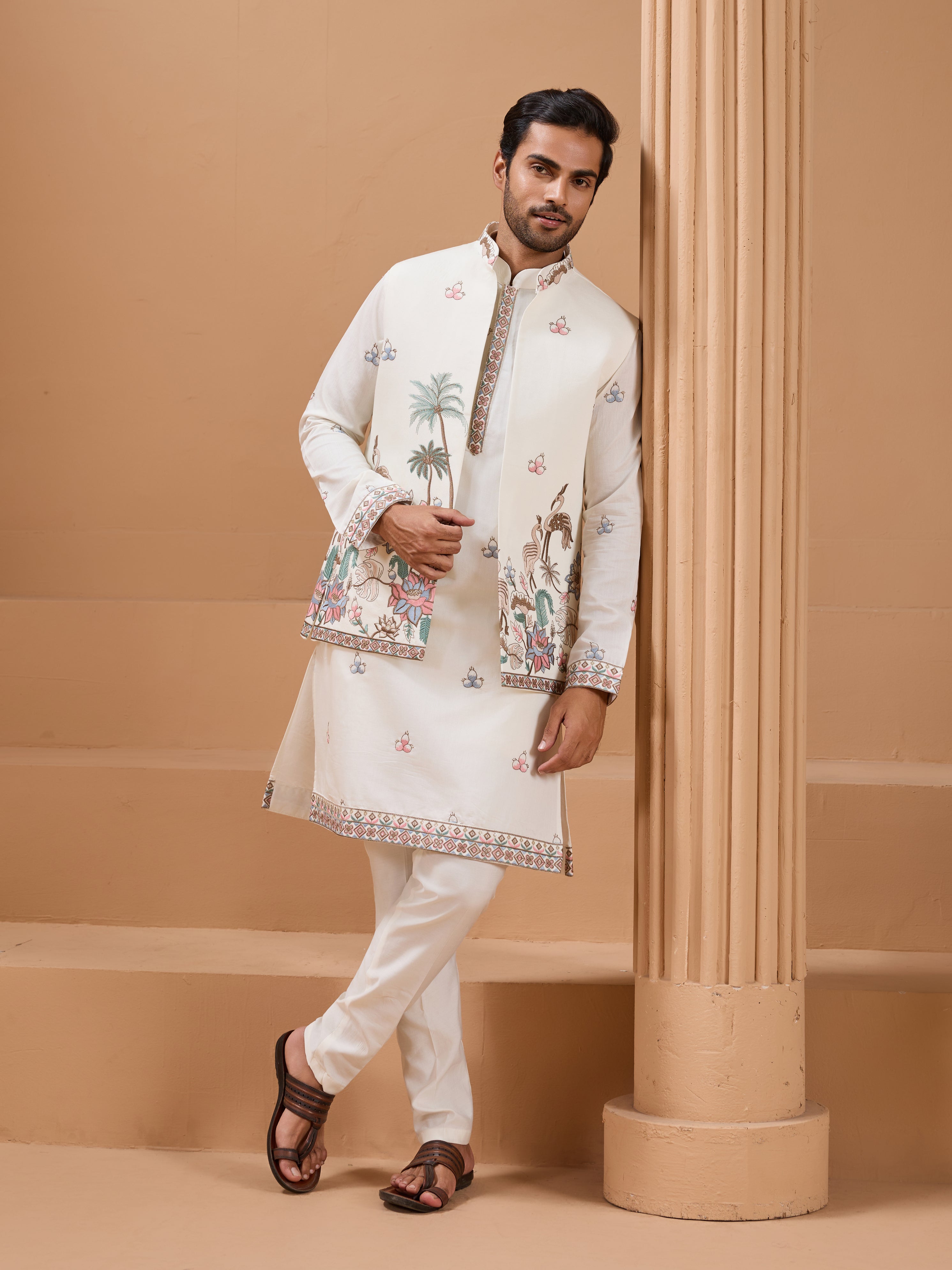 White Color Embroidered and Sequence Mens Kurta Jacket and Pant Set