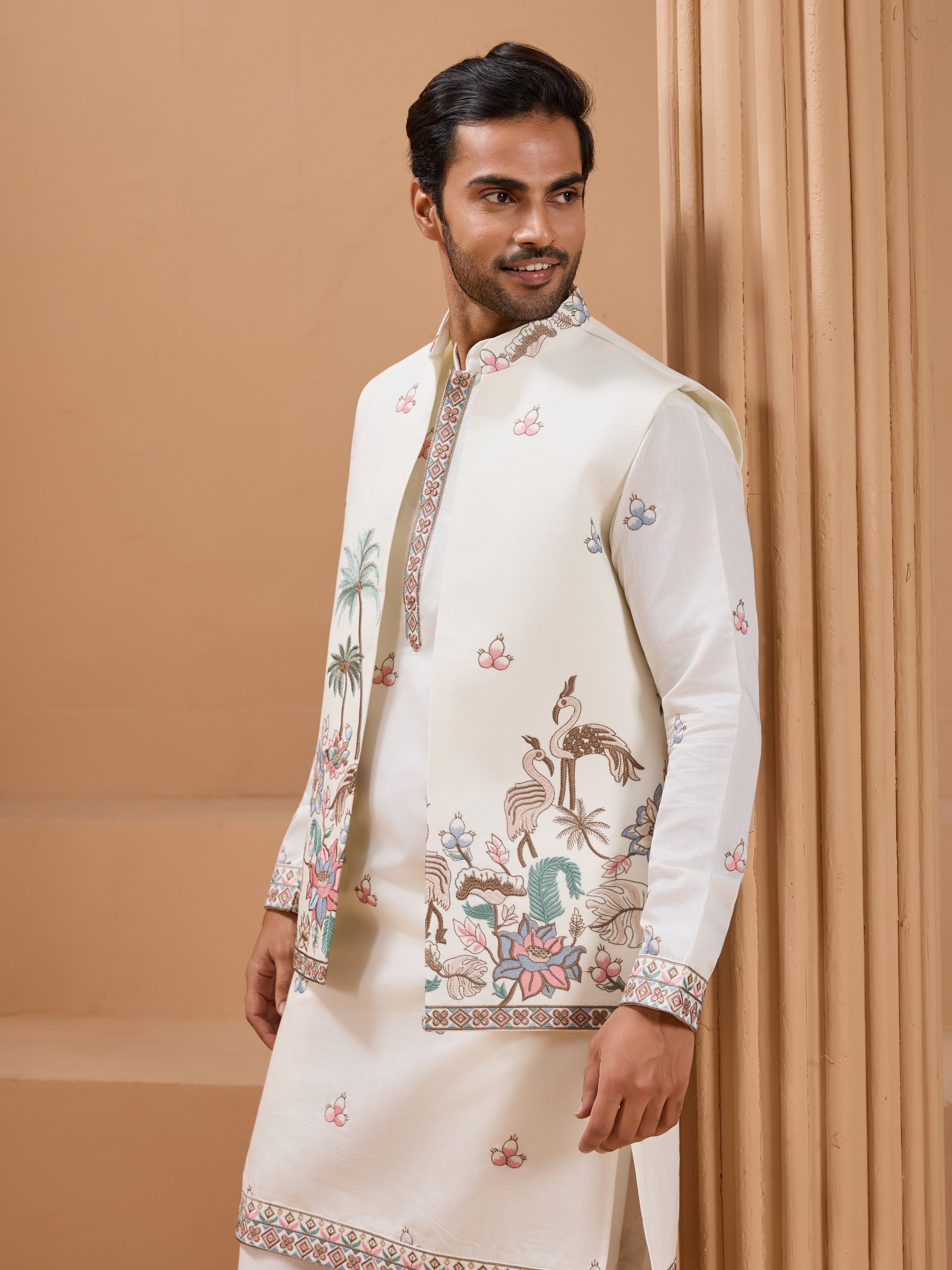 White Color Embroidered and Sequence Mens Kurta Jacket and Pant Set