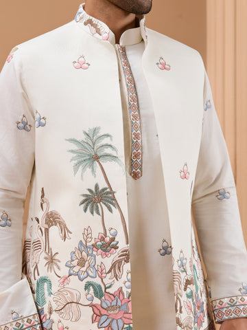 White Color Embroidered and Sequence Mens Kurta Jacket and Pant Set