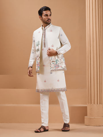 White Color Embroidered and Sequence Mens Kurta Jacket and Pant Set