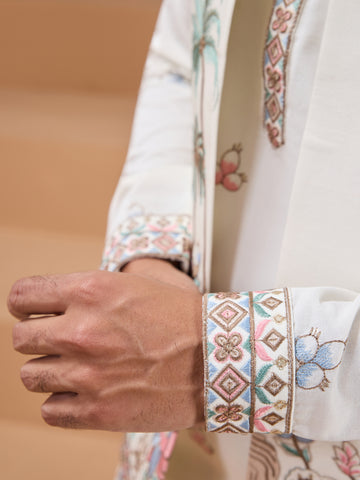 White Color Embroidered and Sequence Mens Kurta Jacket and Pant Set