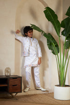 Elegant White Satin Thread Sequence Work Kurta Koti Set