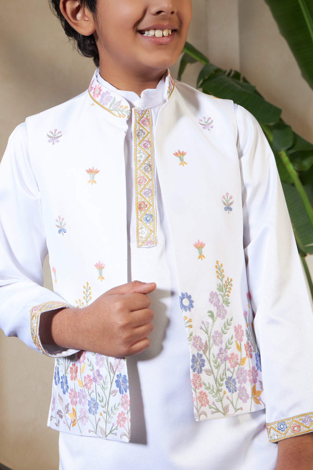 Elegant White Satin Thread Sequence Work Kurta Koti Set