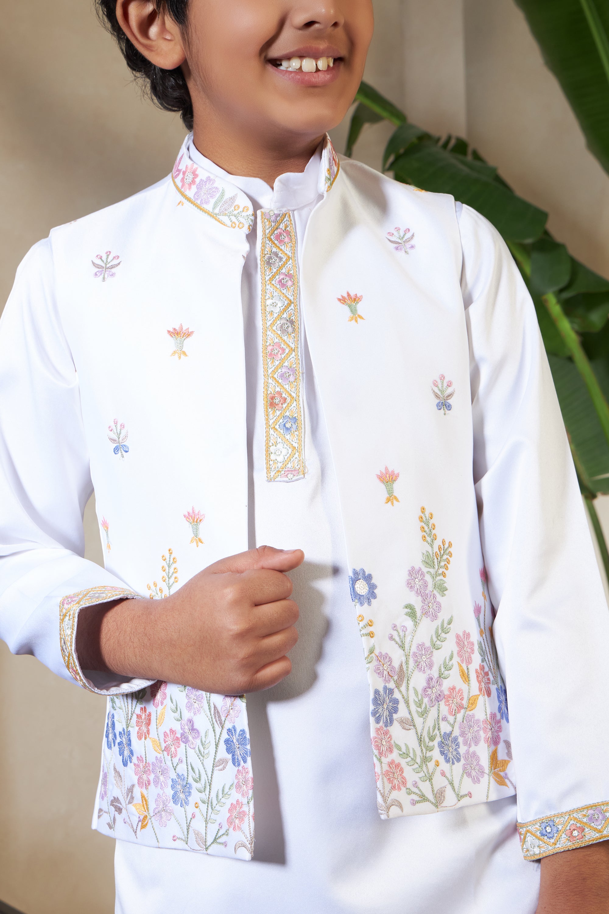 Elegant White Satin Thread Sequence Work Kurta Koti Set