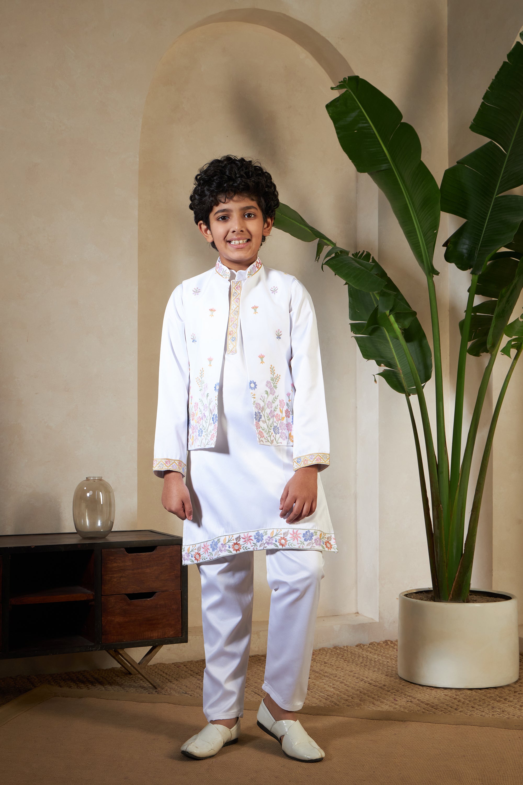 Elegant White Satin Thread Sequence Work Kurta Koti Set