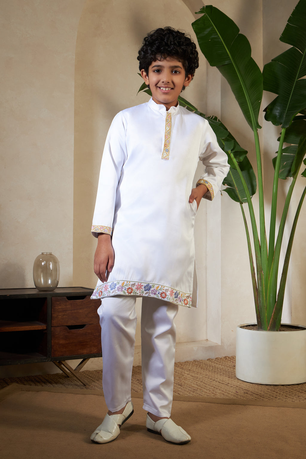 Elegant White Satin Thread Sequence Work Kurta Koti Set