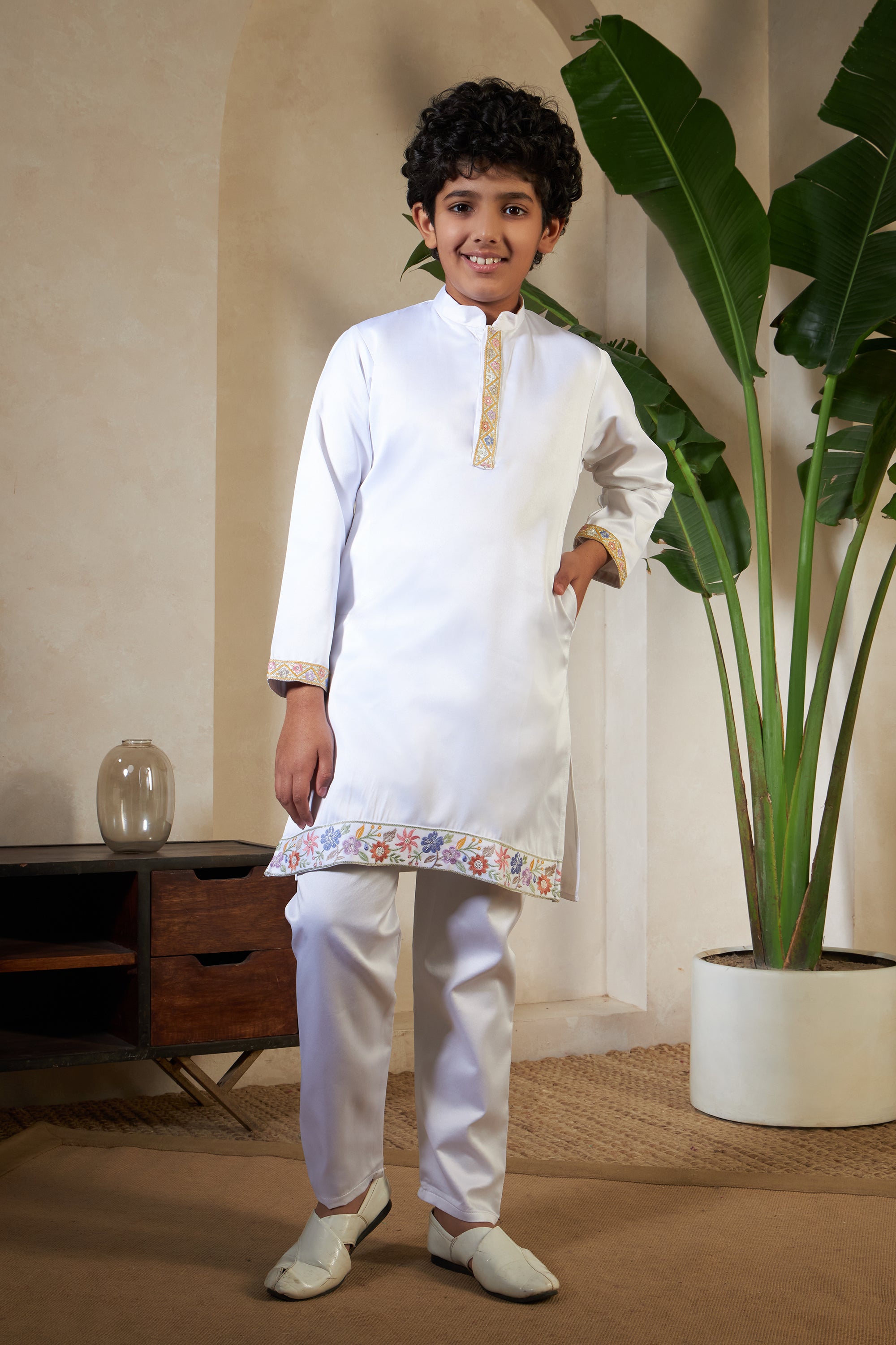 Elegant White Satin Thread Sequence Work Kurta Koti Set