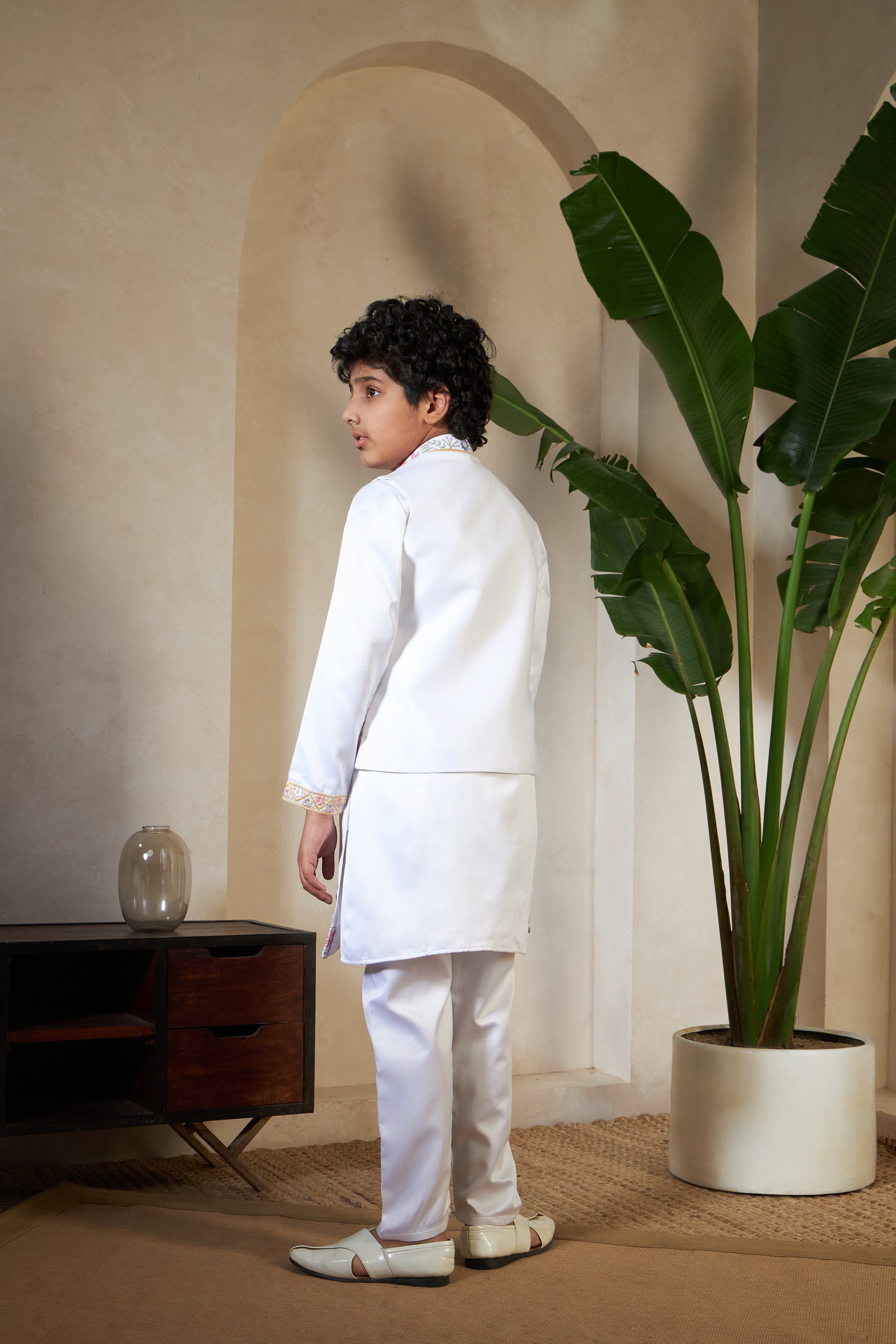 Elegant White Satin Thread Sequence Work Kurta Koti Set
