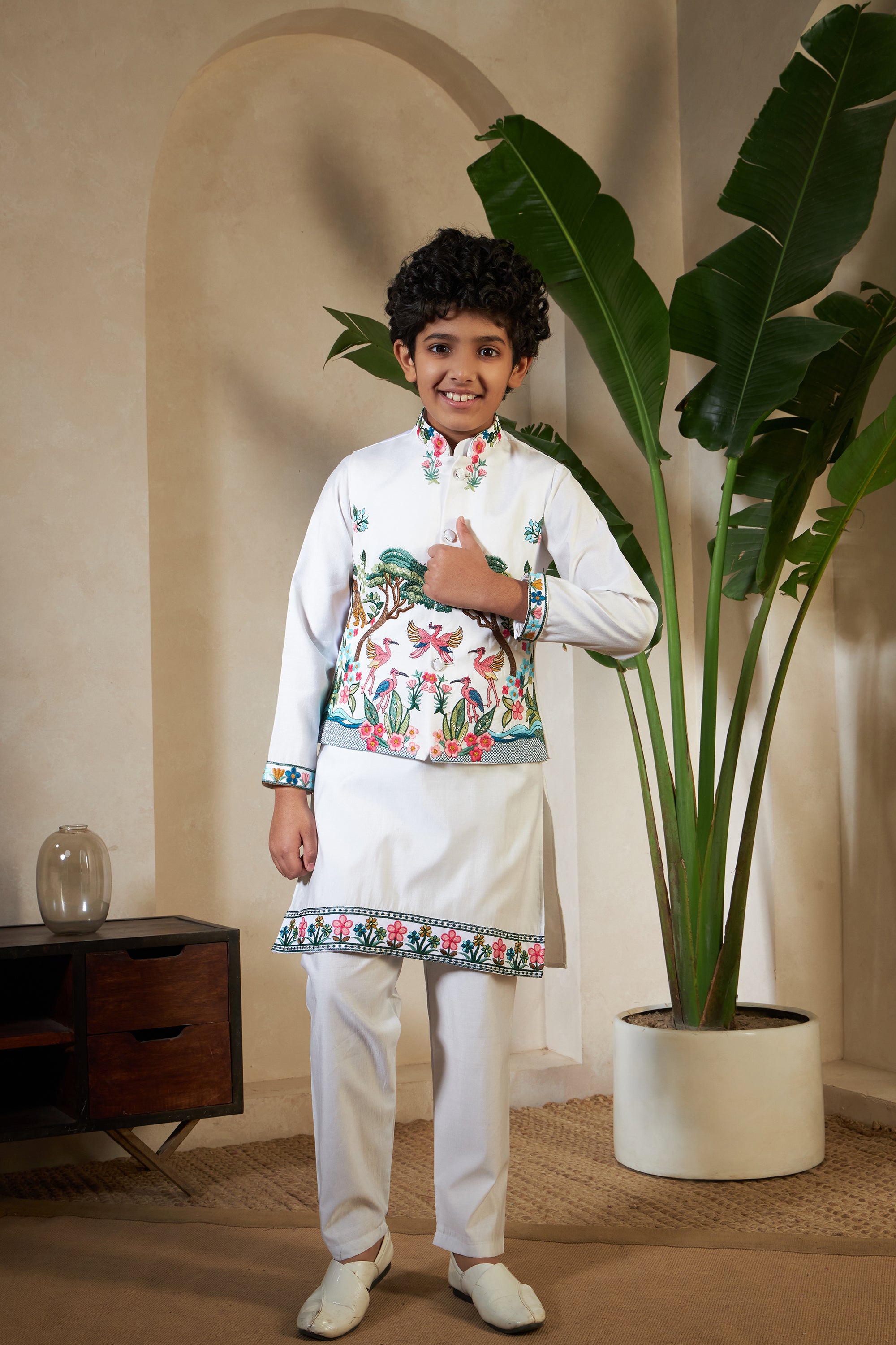 White Viscose Silk Embroidered Kurta with Koti Set for Boys
