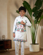 White Viscose Silk Embroidered Kurta with Koti Set for Boys