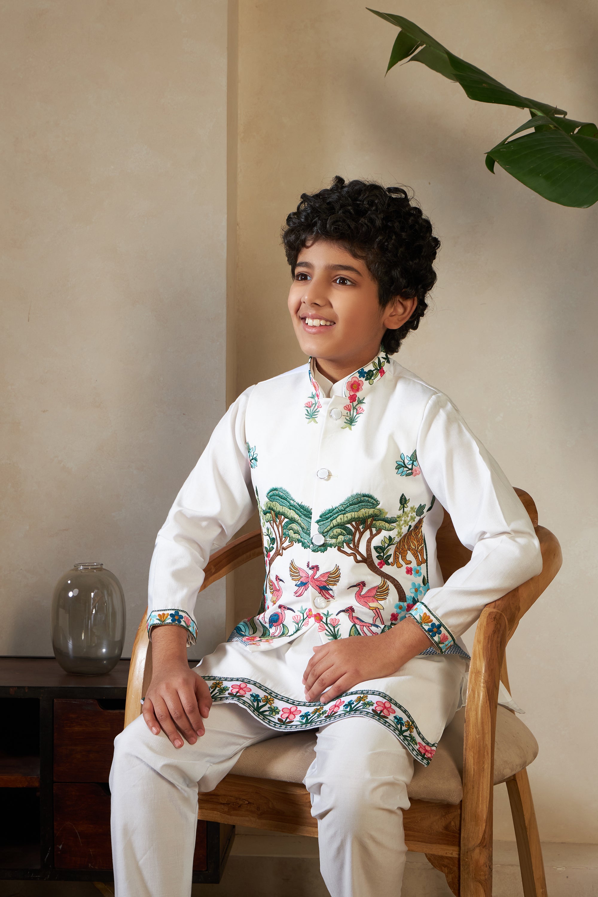 White Viscose Silk Embroidered Kurta with Koti Set for Boys
