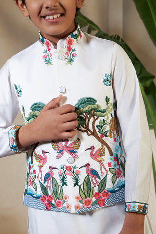 White Viscose Silk Embroidered Kurta with Koti Set for Boys
