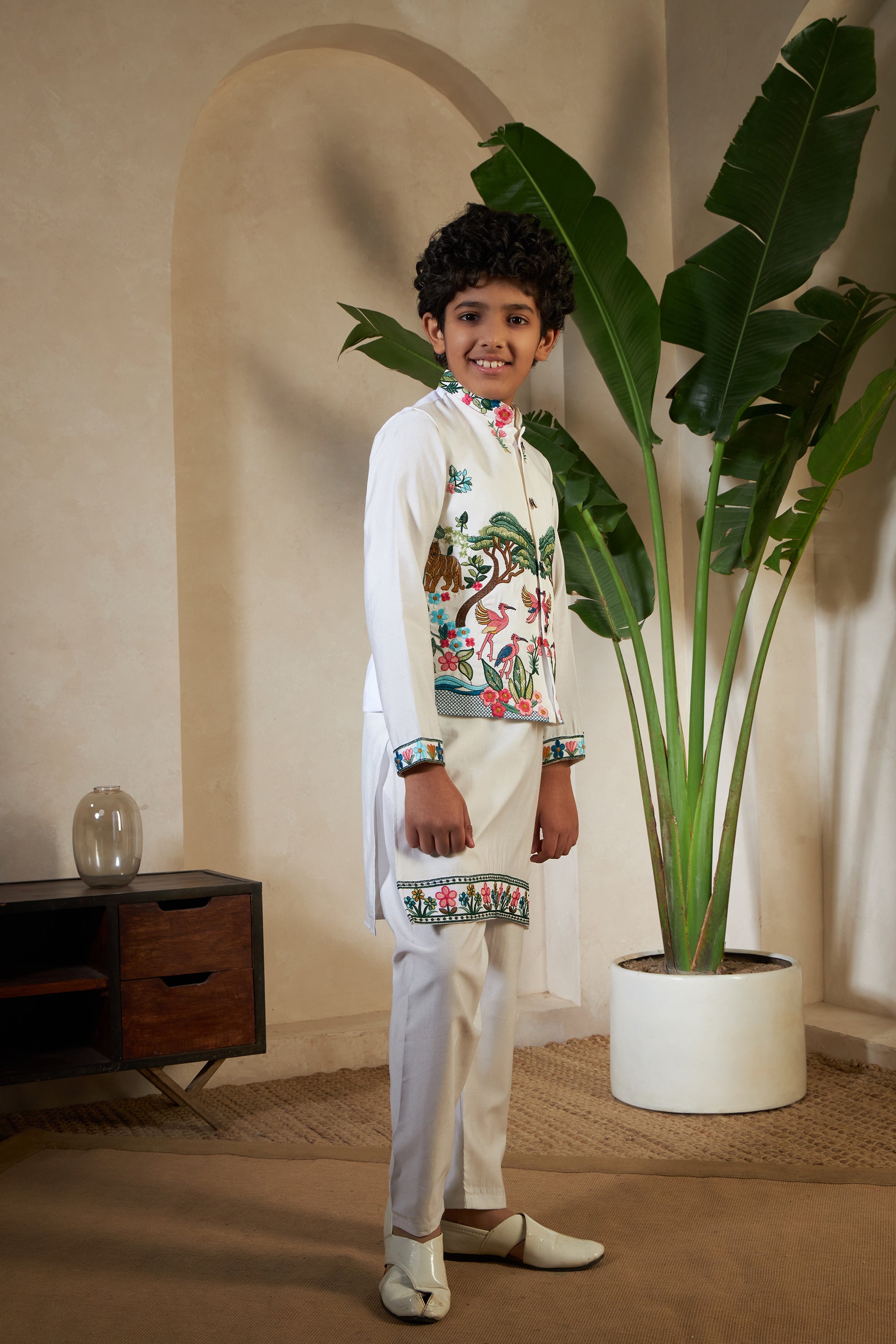 White Viscose Silk Embroidered Kurta with Koti Set for Boys
