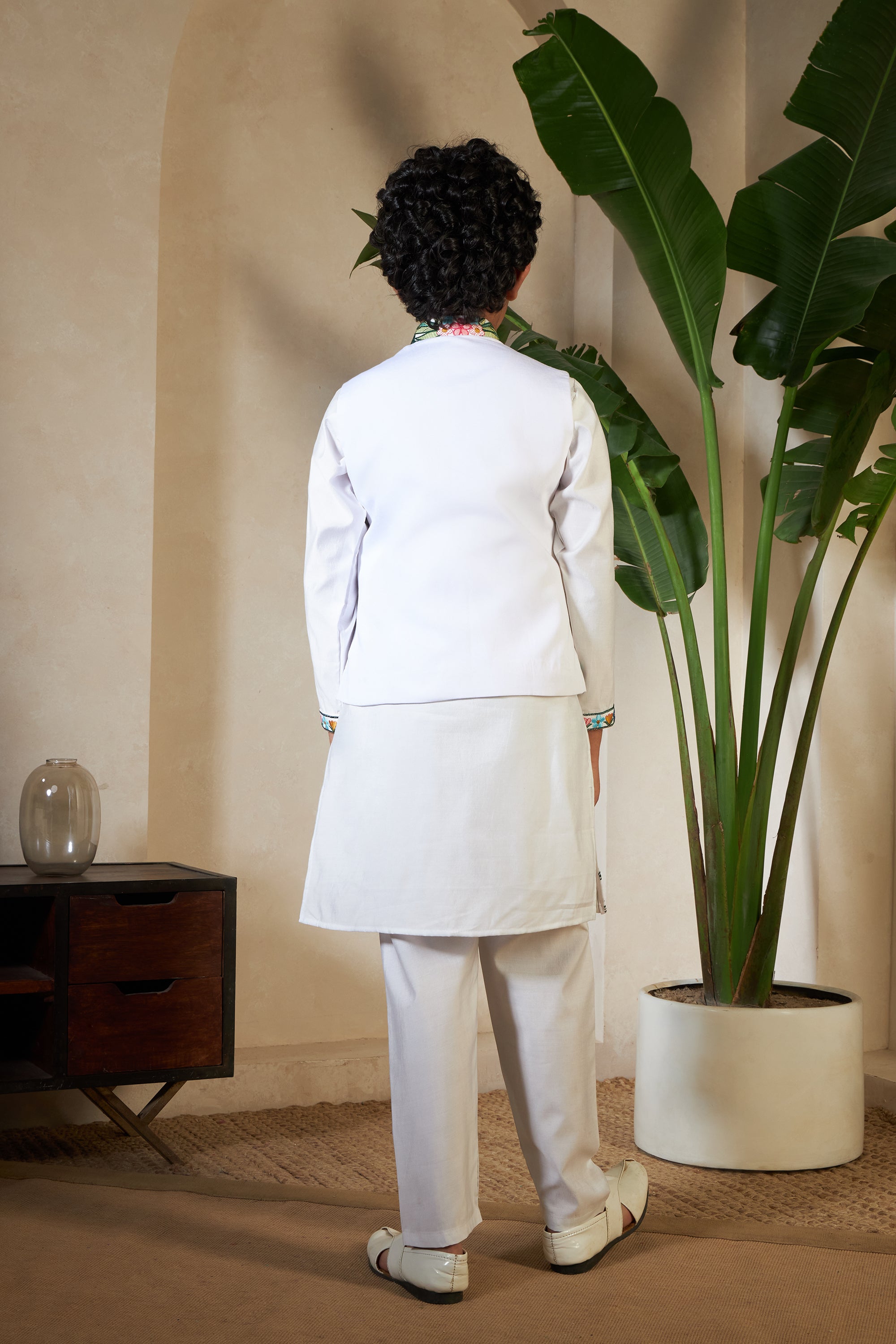 White Viscose Silk Embroidered Kurta with Koti Set for Boys
