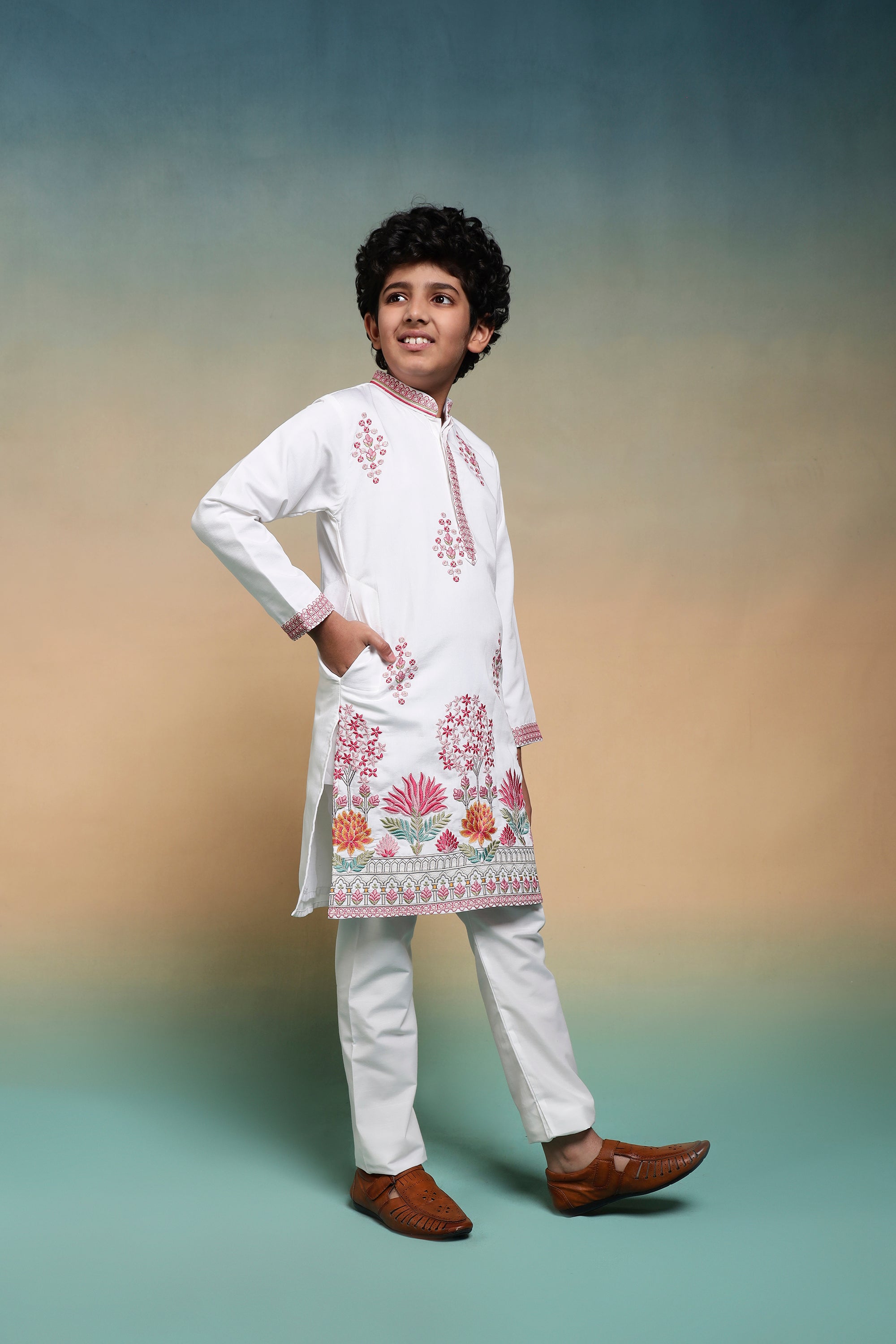 Stylish Viscose Silk Multi Thread Work Kurta Pajama Set For Boy