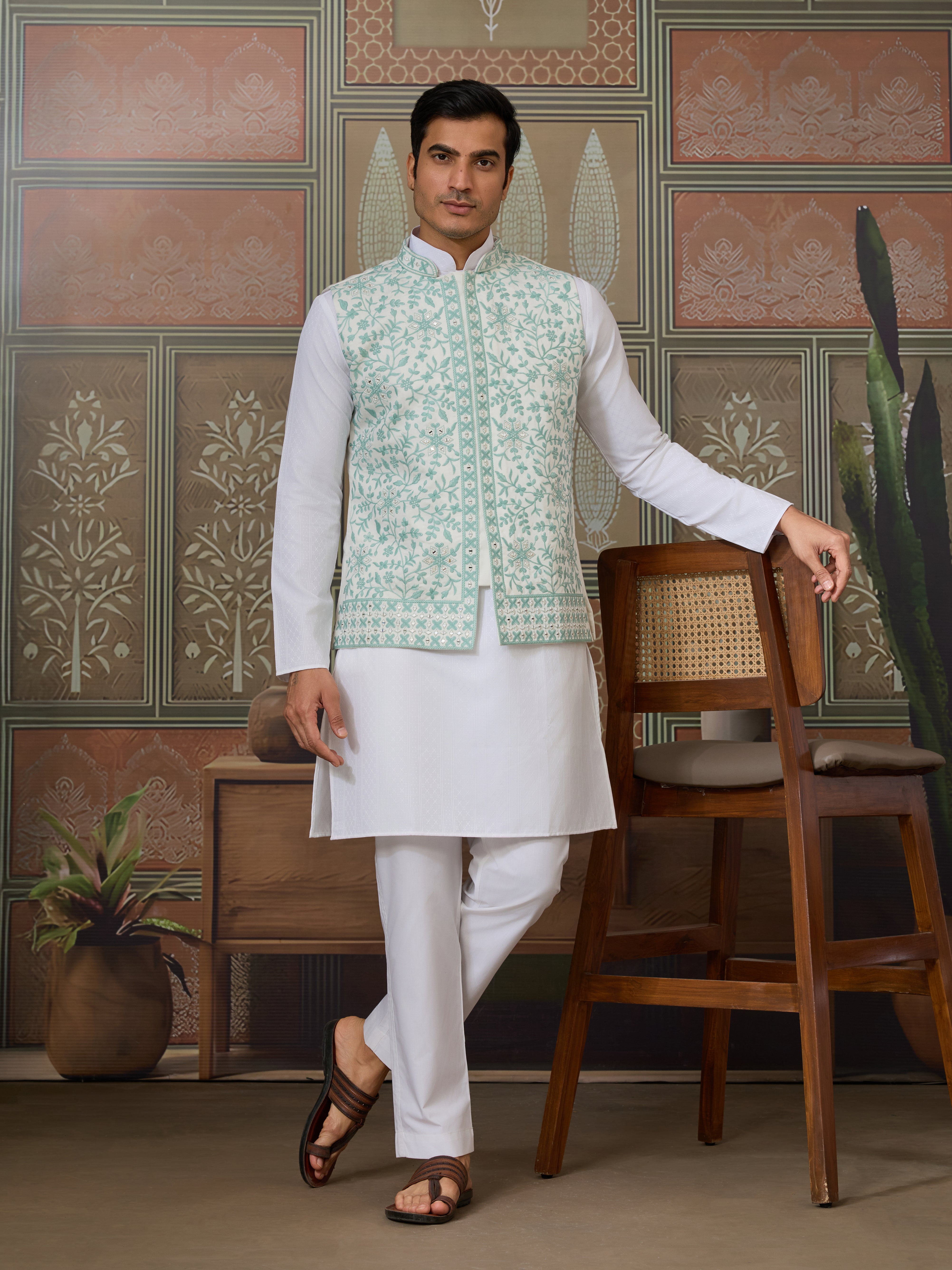Wedding White Kurta Pajama with Green Koti Style