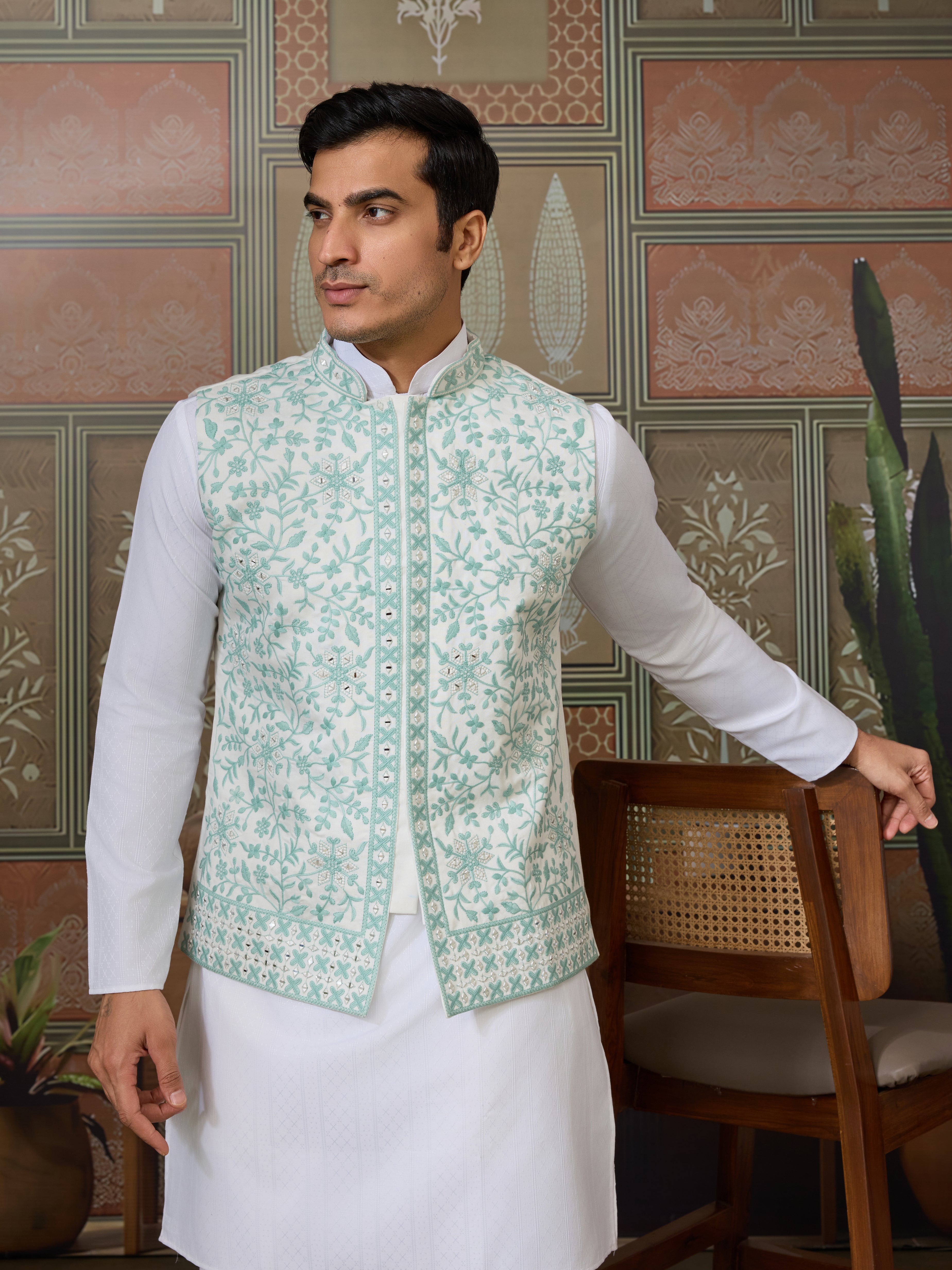 Wedding White Kurta Pajama with Green Koti Style