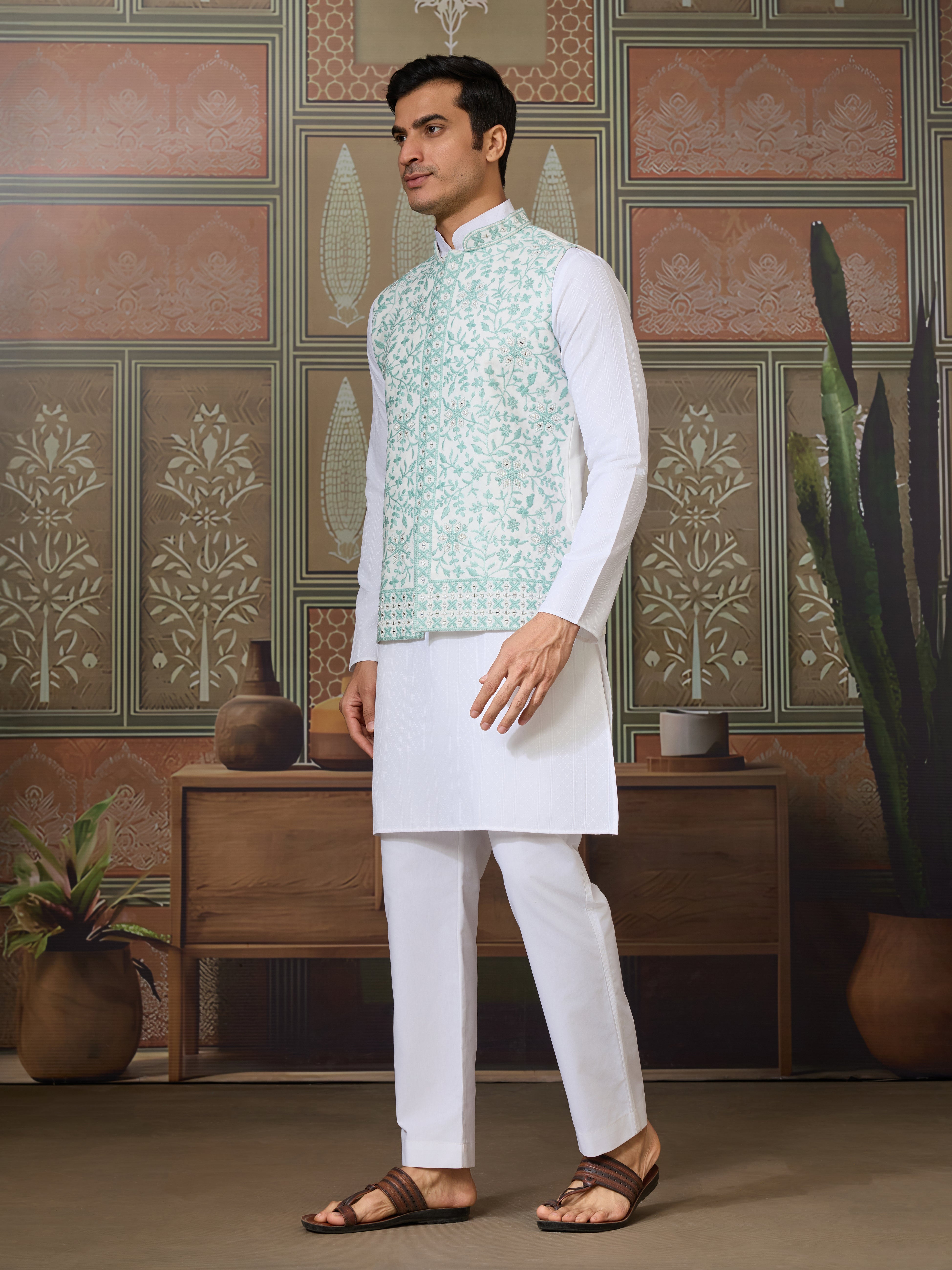 Wedding White Kurta Pajama with Green Koti Style