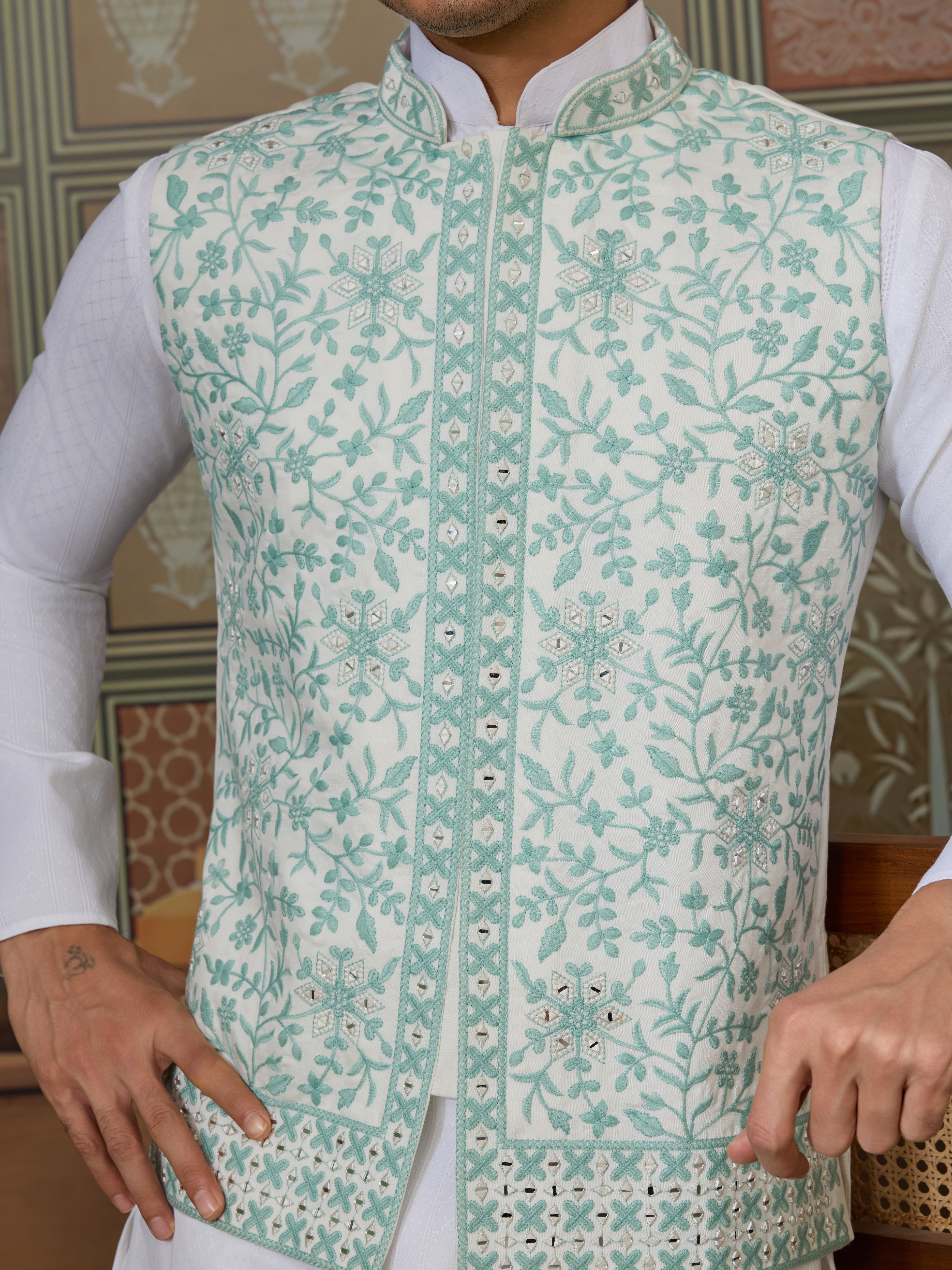 Wedding White Kurta Pajama with Green Koti Style