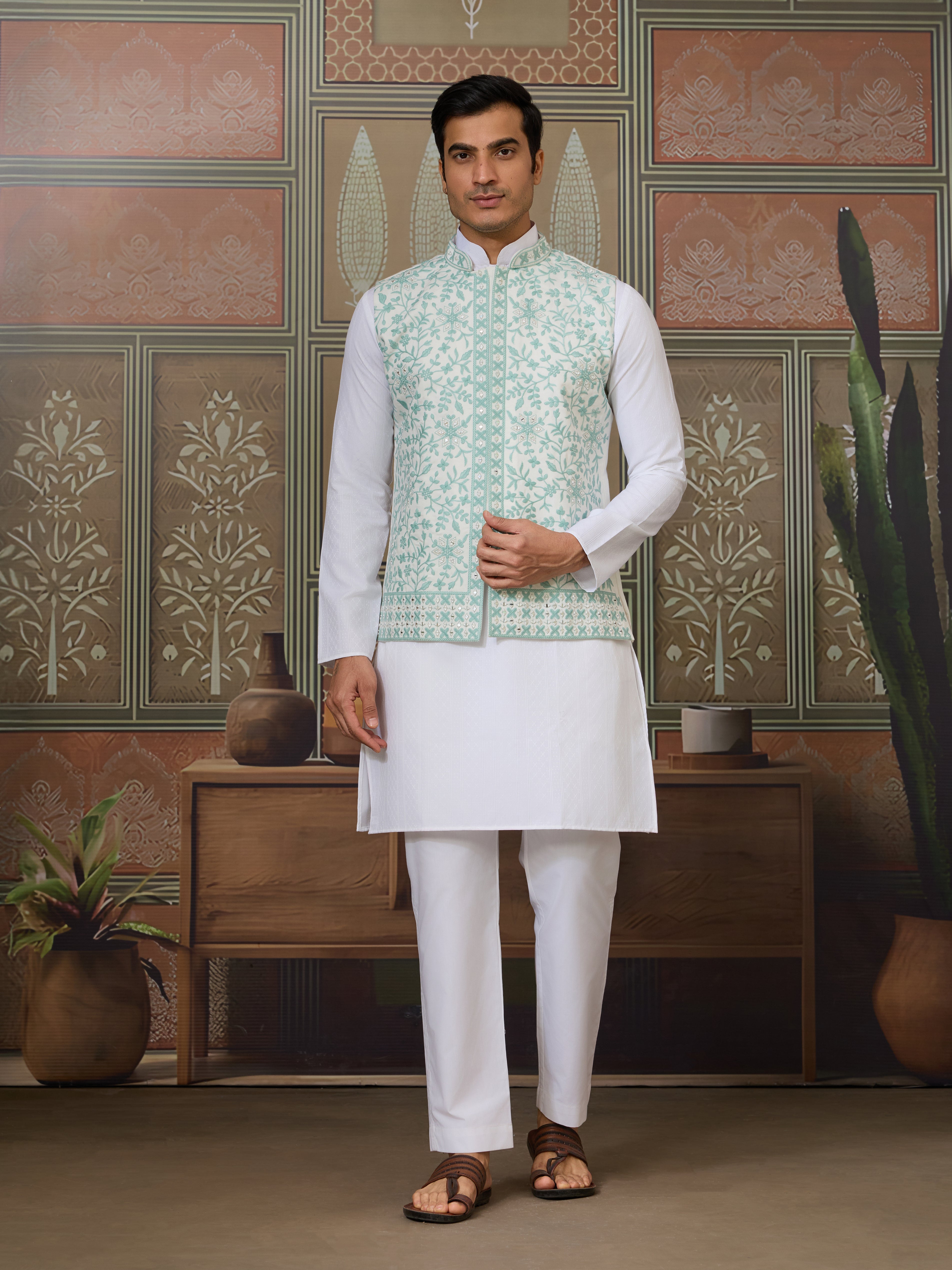 Wedding White Kurta Pajama with Green Koti Style