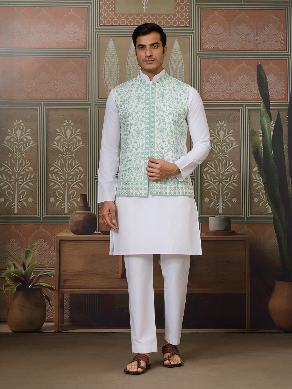 Wedding White Kurta Pajama with Green Koti Style