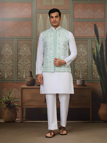 Wedding White Kurta Pajama with Green Koti Style