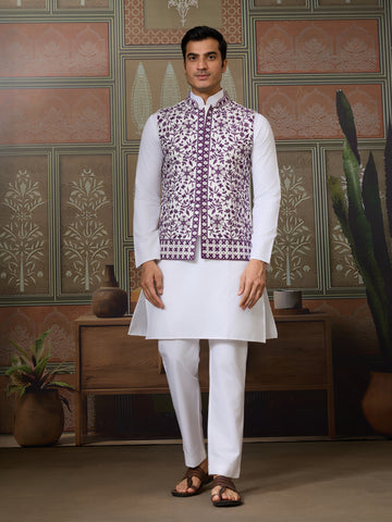 Classic White Mens Kurta Pajama with Stylish Purple Koti