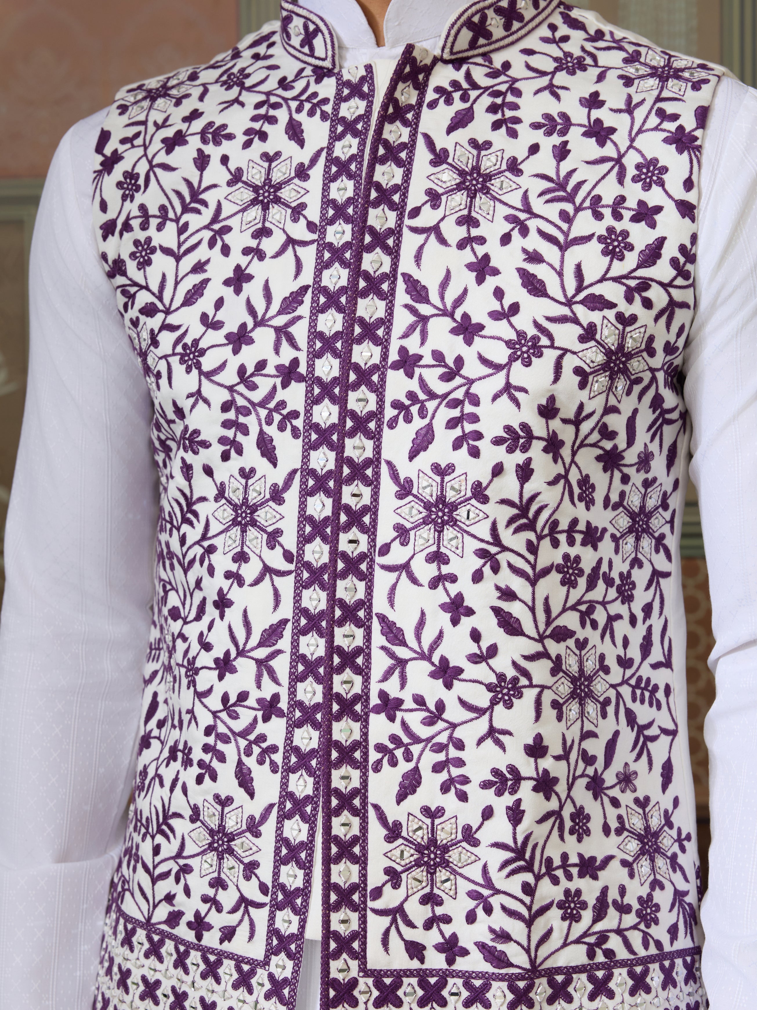 Classic White Mens Kurta Pajama with Stylish Purple Koti
