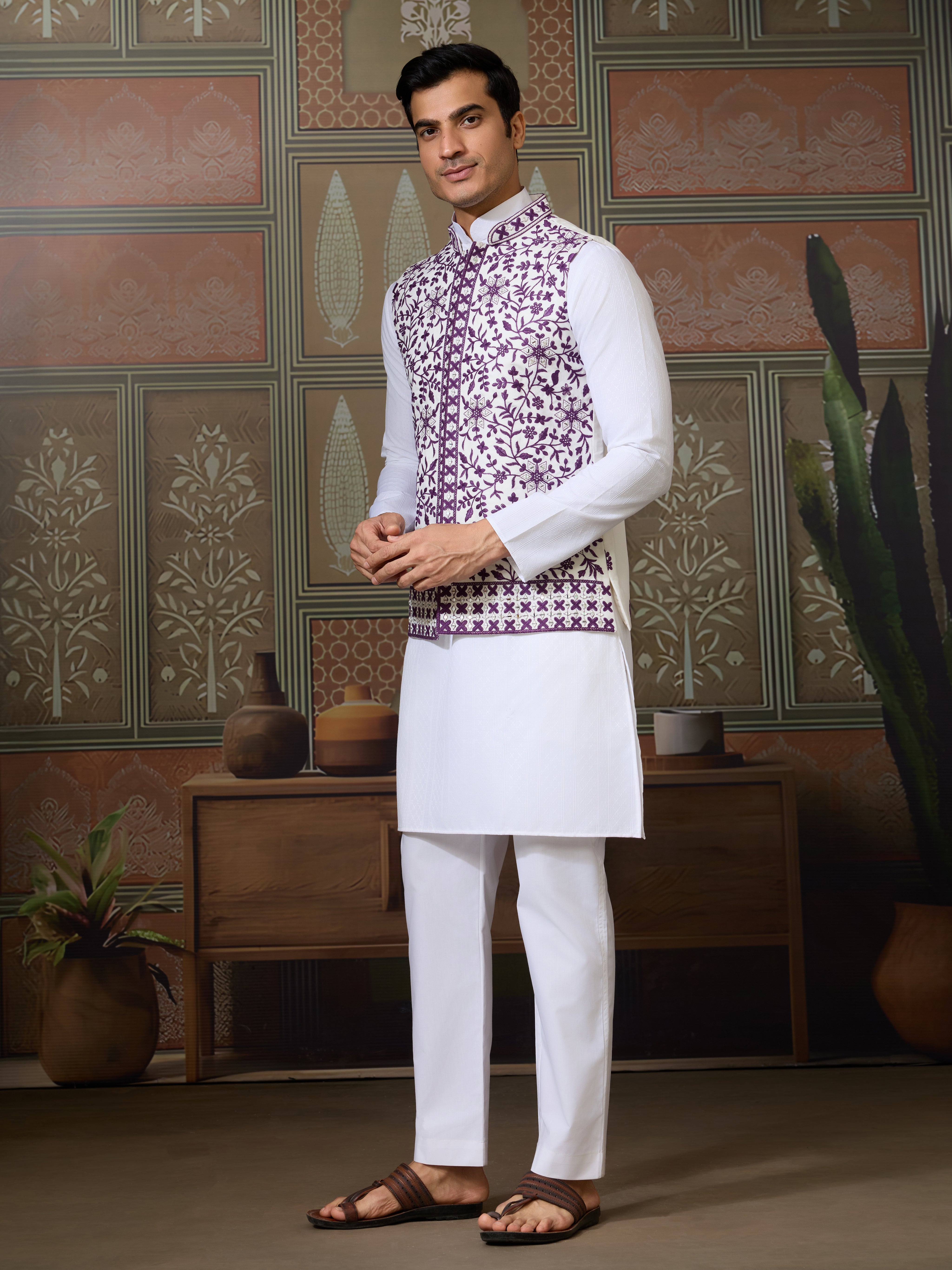 Classic White Mens Kurta Pajama with Stylish Purple Koti