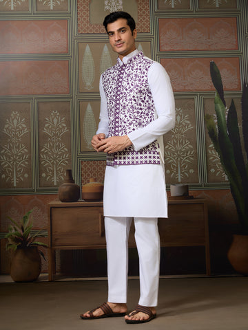 Classic White Mens Kurta Pajama with Stylish Purple Koti