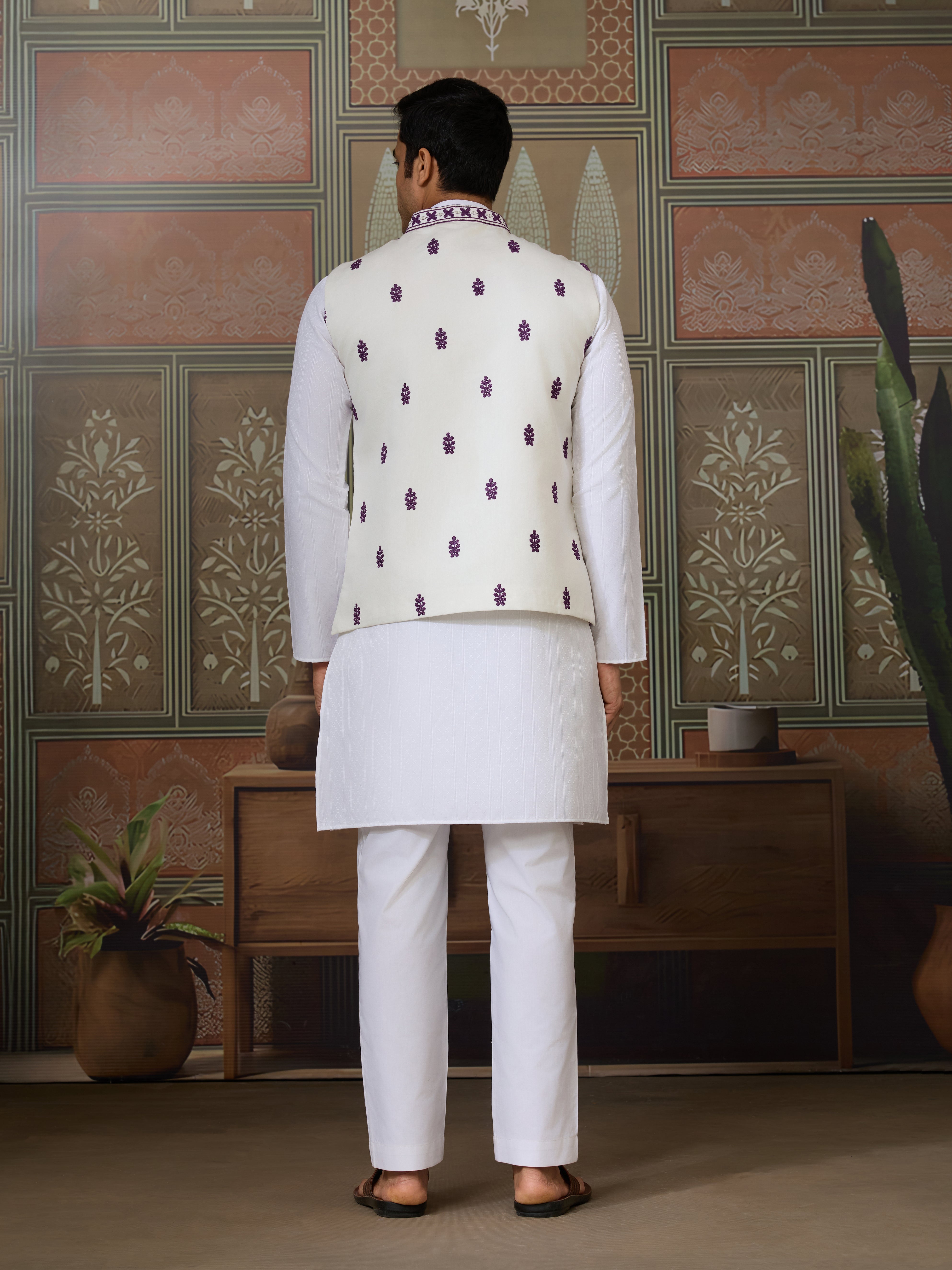 Classic White Mens Kurta Pajama with Stylish Purple Koti
