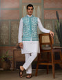 Traditional White Kurta with Teal Green Koti for Men