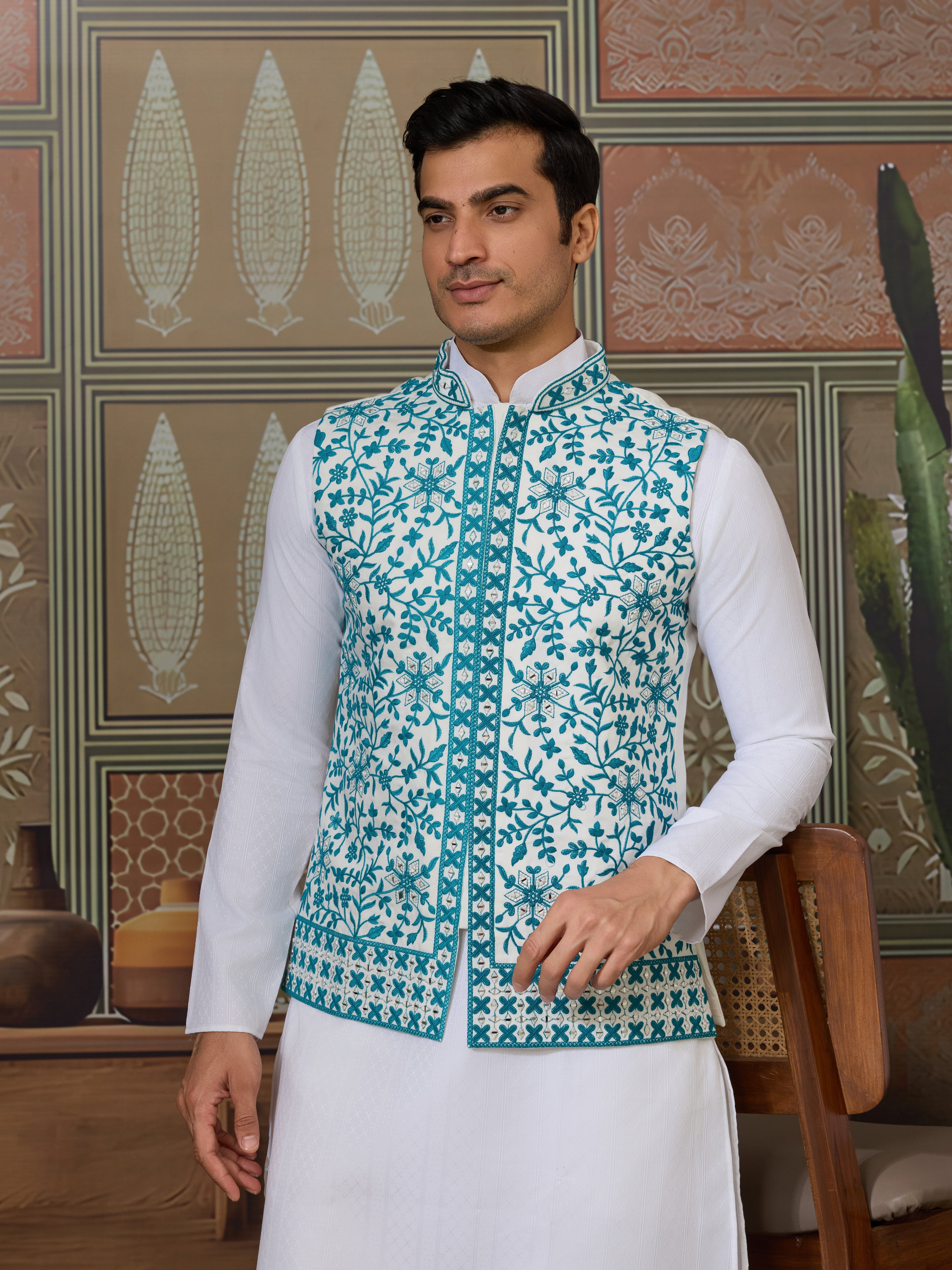 Traditional White Kurta with Teal Green Koti for Men