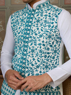 Traditional White Kurta with Teal Green Koti for Men
