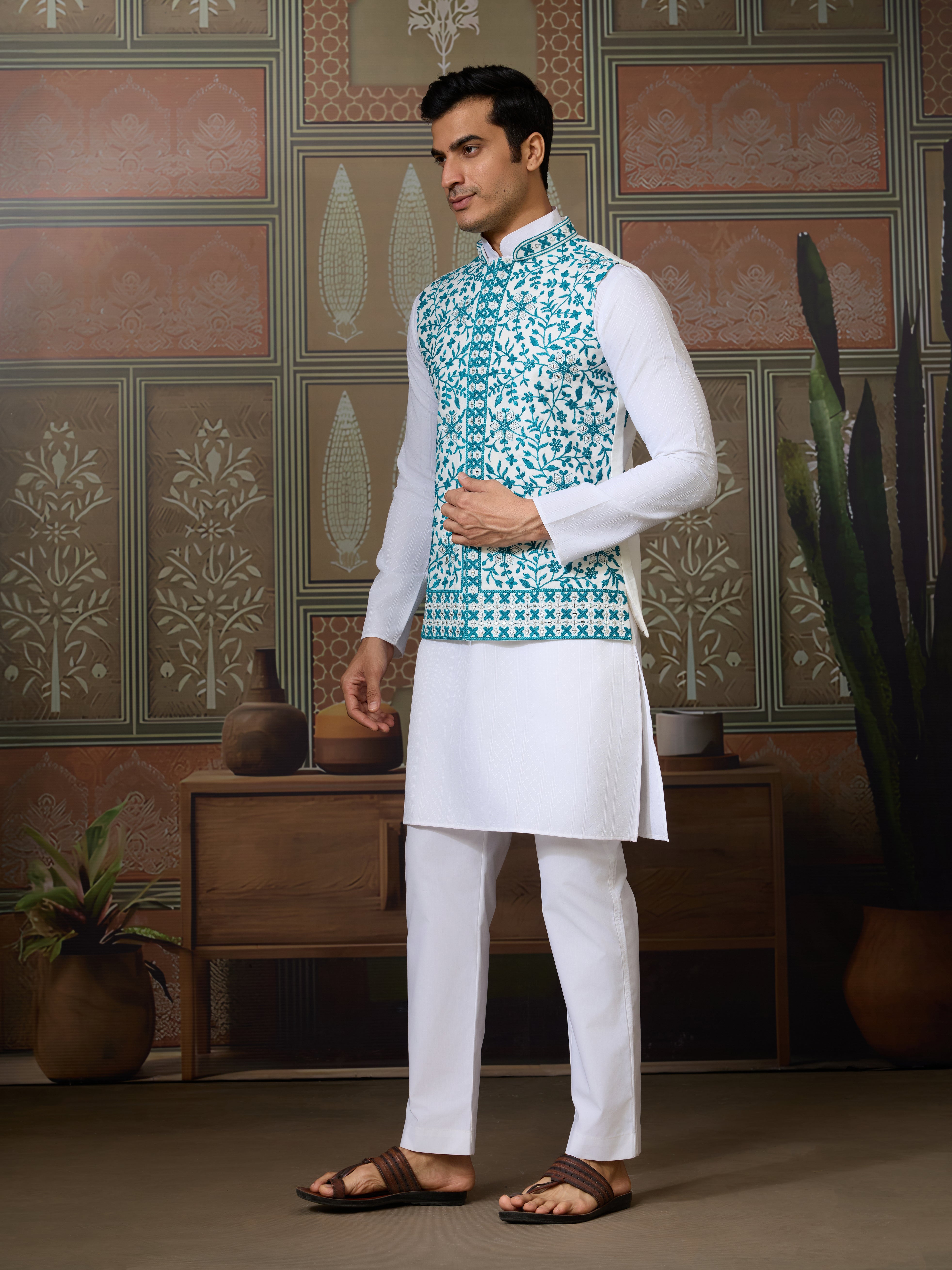 Traditional White Kurta with Teal Green Koti for Men

