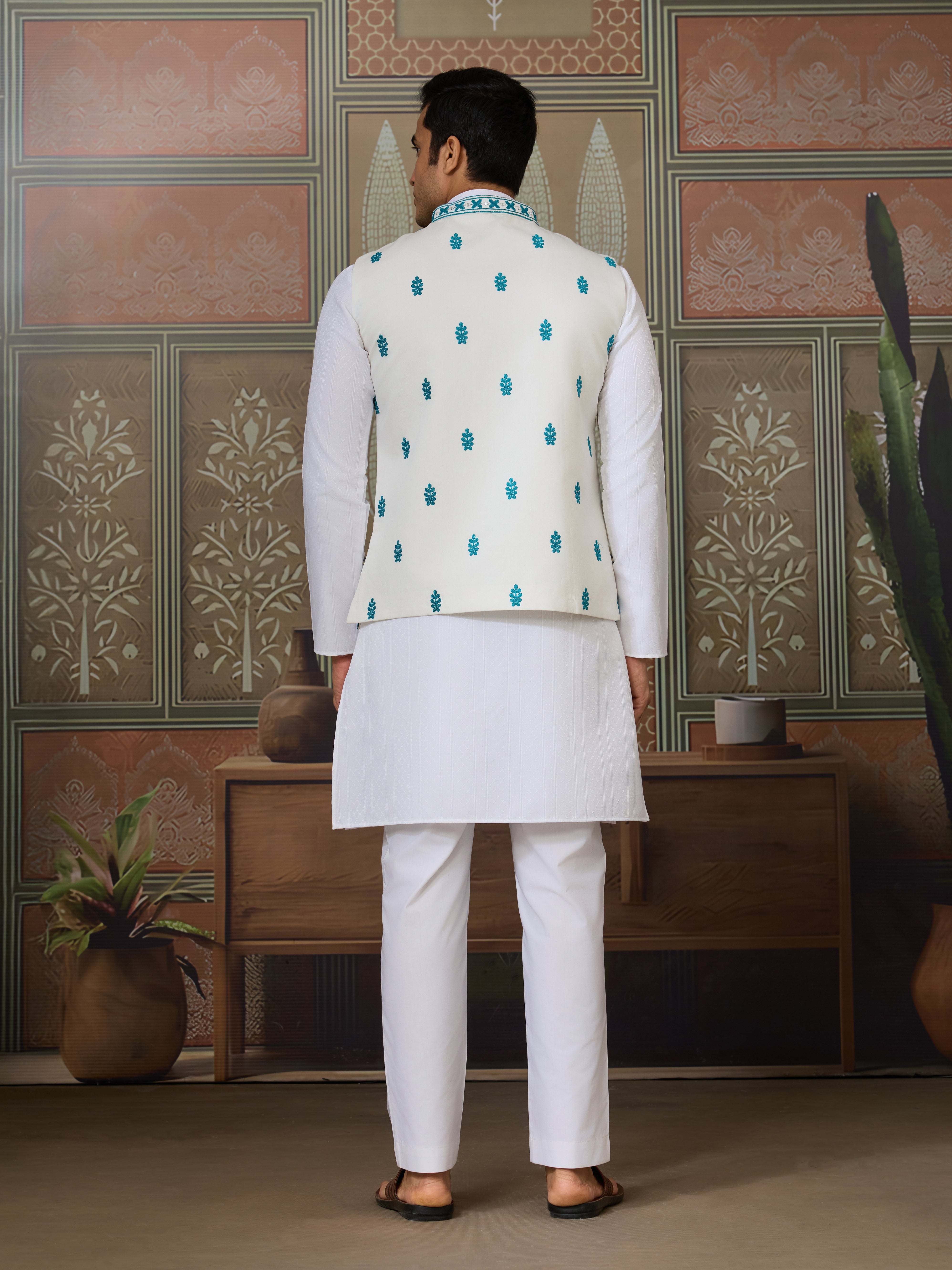 Traditional White Kurta with Teal Green Koti for Men
