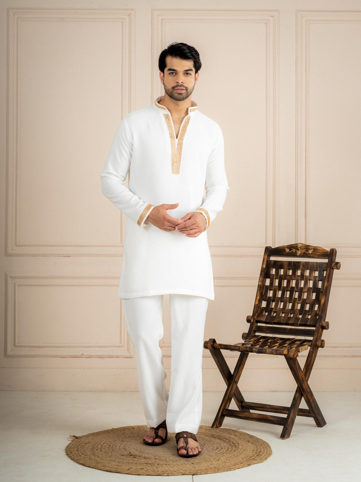 White Japanese Armani Beads Kurta Set | Tulip Designer
