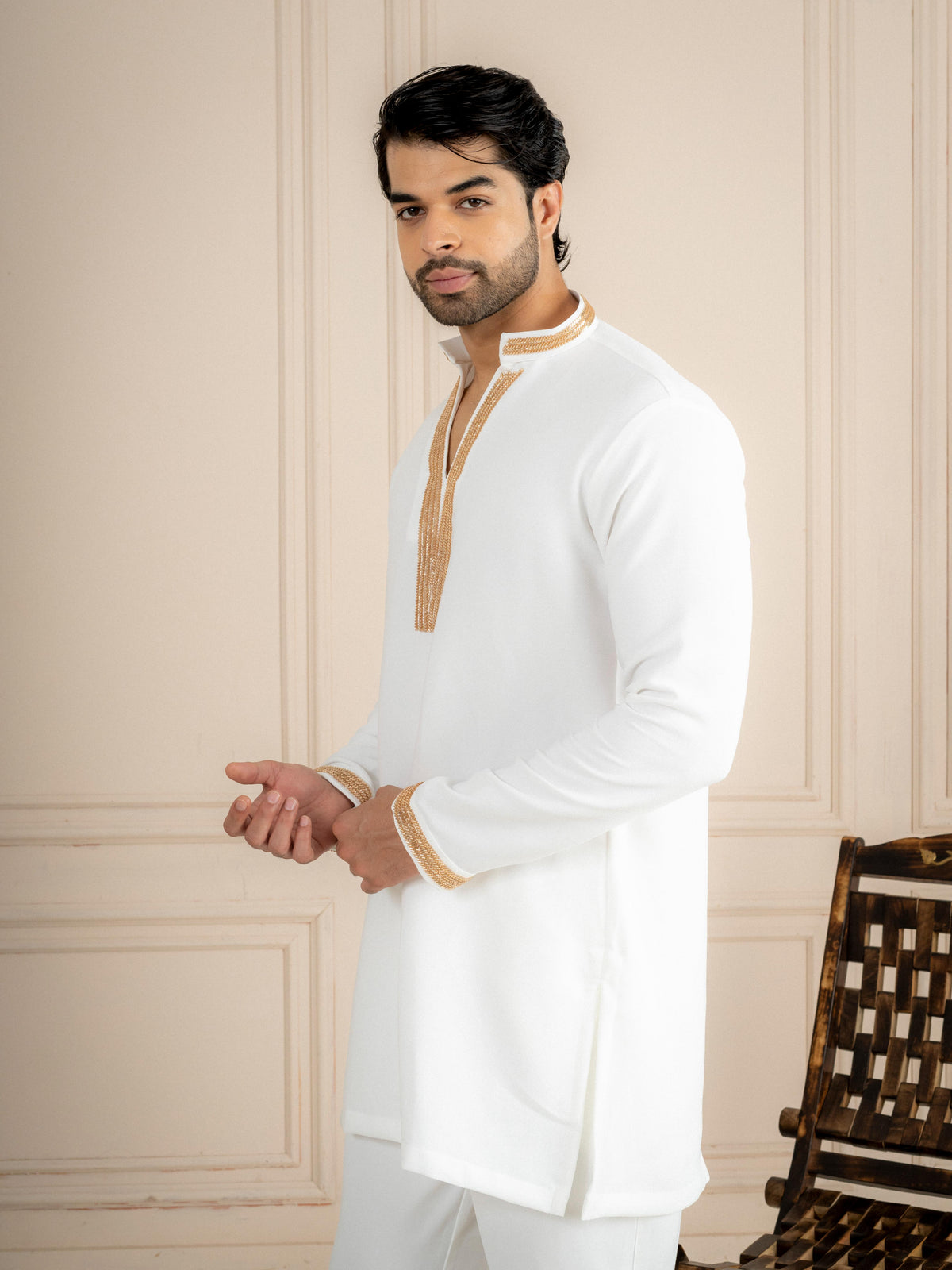 White Japanese Armani Beads Kurta Set | Tulip Designer
