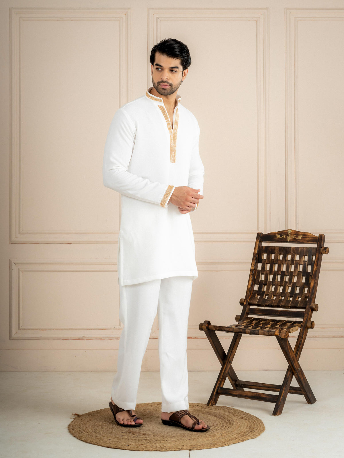 White Japanese Armani Beads Kurta Set | Tulip Designer
