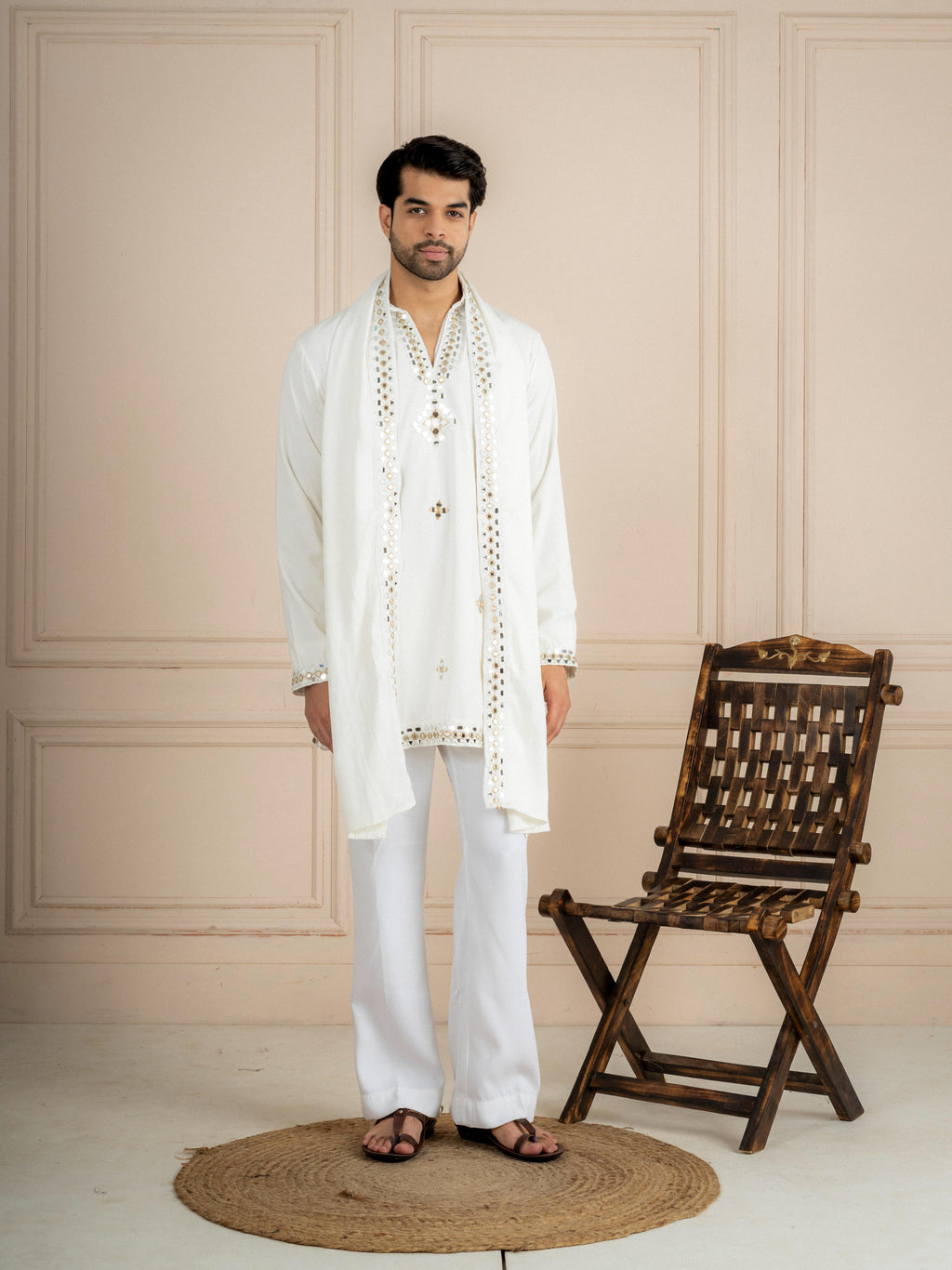 White Armani Lachka Kurta Dupatta Set For Men | Tulip Designer
