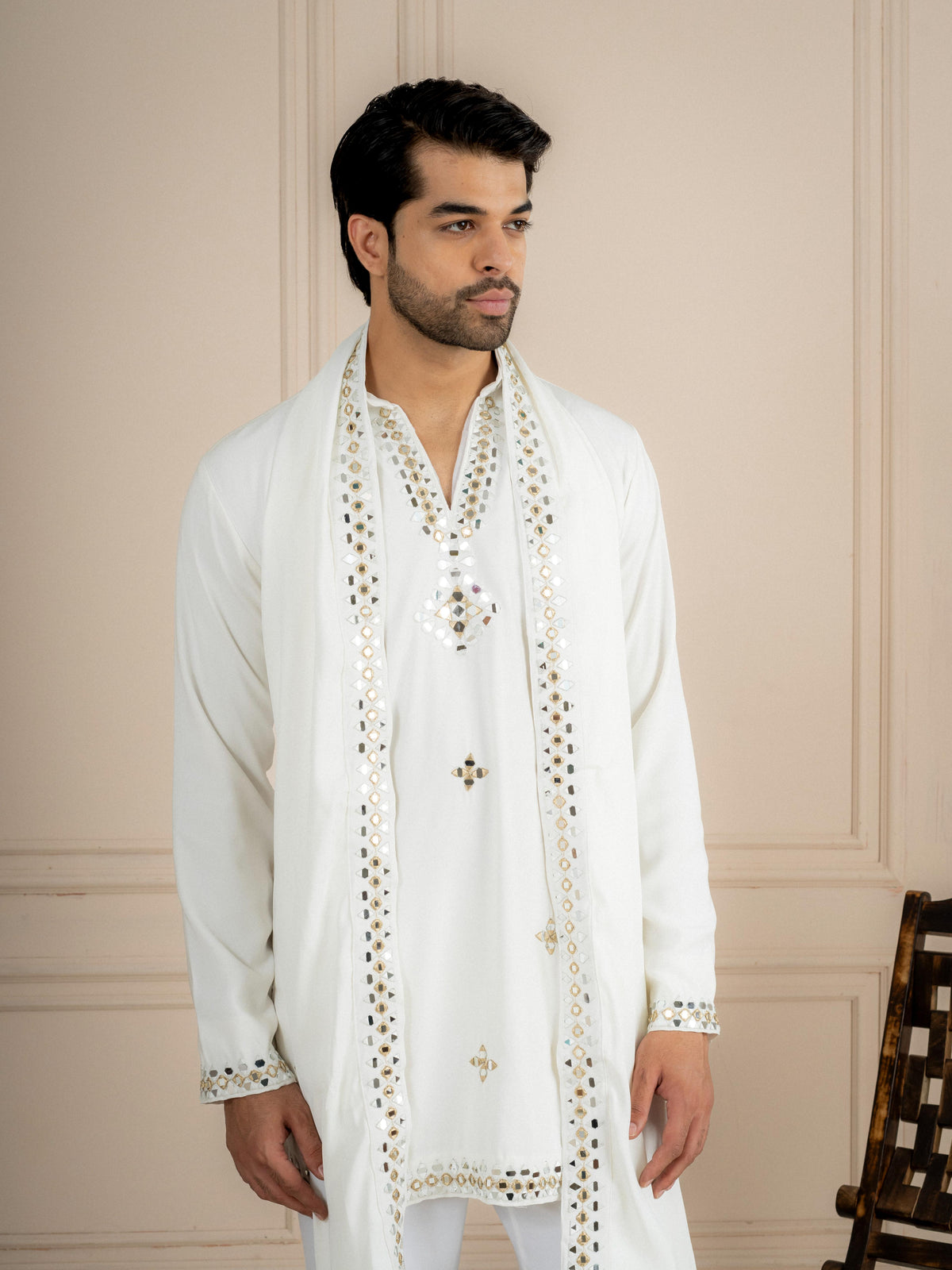 White Armani Lachka Kurta Dupatta Set For Men | Tulip Designer
