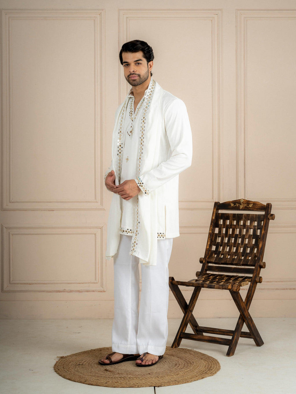 White Armani Lachka Kurta Dupatta Set For Men | Tulip Designer
