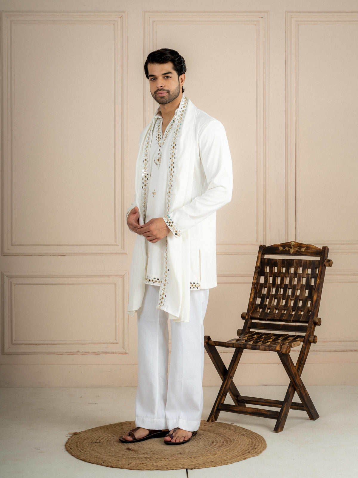 White Armani Lachka Kurta Dupatta Set For Men | Tulip Designer
