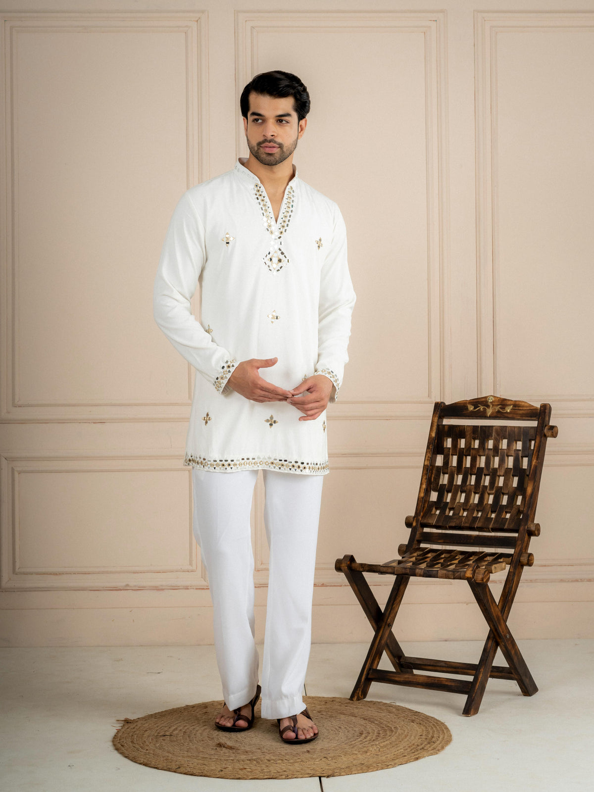 White Armani Lachka Kurta Dupatta Set For Men | Tulip Designer
